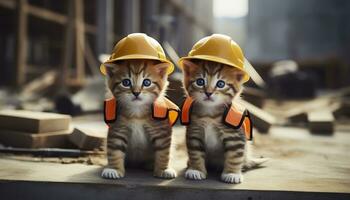 ai generado dos gatitos vistiendo difícil sombreros en un construcción sitio. generativo ai foto