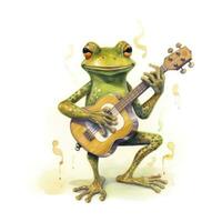 AI generated Watercolor green frog playing a tiny musical instrument on white background. AI Generated photo