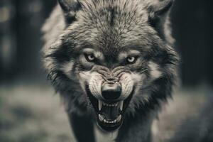 AI generated Greyscale closeup shot of an angry wolf with a blurred background. AI Generated photo