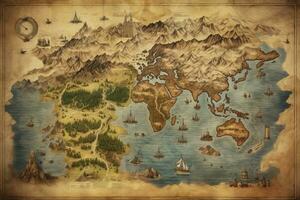 AI generated Great detailed illustration of the world map in vintage style. AI Generated photo