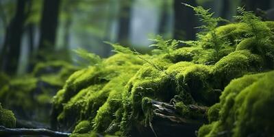 AI generated Green moss closeup, with a backdrop of woodland.  Forest in the national park. AI Generated photo
