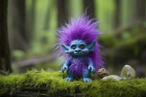 AI generated Tale troll with crystals in the forest, natural green background. Generative AI photo