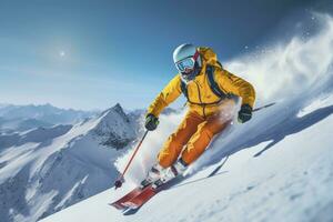 AI generated Skier Skiing On Mountain Slope. AI Generated photo