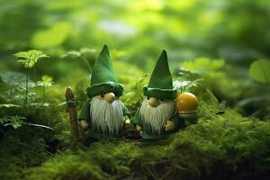 AI generated Toy Irish gnomes in a mystery forest, abstract green natural background. Generative AI photo