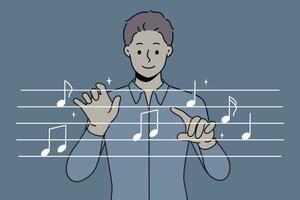 Man conductor moves hands, standing near imaginary notes and comes up with new musical composition for musicians. Conductor of symphony orchestra rehearses before going on stage to audience vector