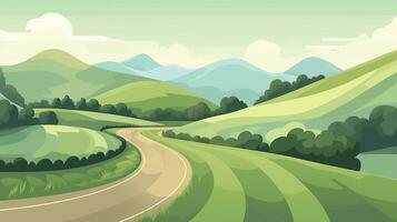 AI generated Green Rolling Hills in the Background, Paved Road in the Foreground. AI Generative photo