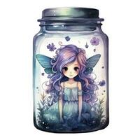 AI generated Watercolor Fantasy Pastel Goth Tiny Fairy in a Jar. AI Generated photo