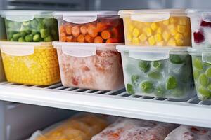 AI generated Frozen food in the freezer. Frozen vegetables. AI Generated photo