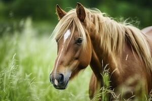 AI generated Brown horse with blond hair eats grass on a green meadow detail from the head. AI Generated photo