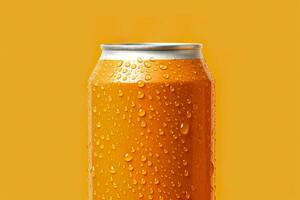 AI generated Can of fresh soda with water drops on orange background, closeup. Generative AI photo