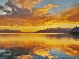 AI generated Bright sunset over Lake golden clouds reflect in the water.  AI Generated. photo