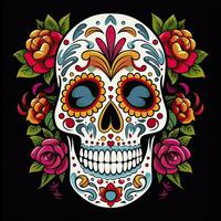 AI generated Mexican roses skull. Mexican roses skull. Dia de los muertos shugar colorful head. AI Generated photo