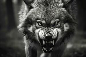 AI generated Greyscale closeup shot of an angry wolf with a blurred background. AI Generated photo