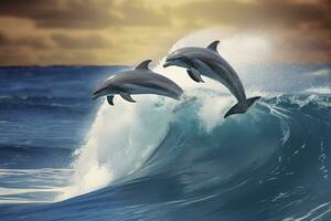 AI generated Playful dolphins jumping over breaking waves. Hawaii Pacific Ocean wildlife scenery. Generative AI photo