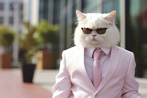 AI generated A cat is wearing sunglasses, suit and standing on street. AI Generated photo