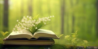 AI generated Lily of the Valley flowers and old books in the forest, green natural background. AI Generated photo