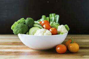 AI generated Kitchen still life with white bowl of washed vegetables on wooden desk. AI Generated photo