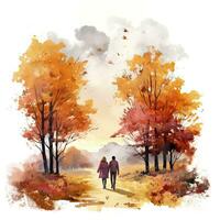 AI generated Watercolor autumn landscape with a couple walking. AI Generated photo