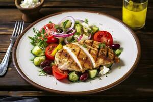 AI generated Seared chicken breast and Greek salad on a wooden table. Generative AI photo