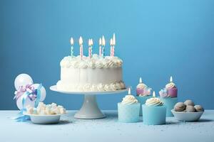 AI generated Birthday cake with candles and sweets on white table near blue wall. Generative AI photo