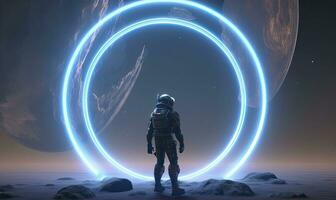 AI generated Astronaut in front of dimensional portal.  AI Generated. photo