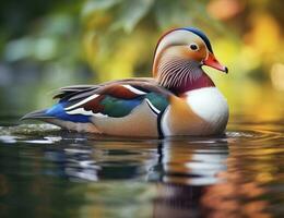 AI generated Closeup of mandarin duck swimming in lake. generative AI. photo