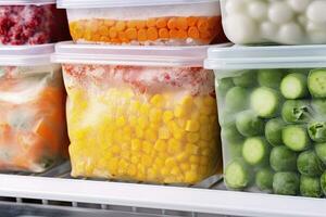 AI generated Frozen food in the freezer. Frozen vegetables. AI Generated photo