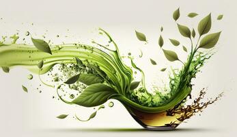 AI generated Green herbal tea wave splash with leaves flow. AI Generated photo