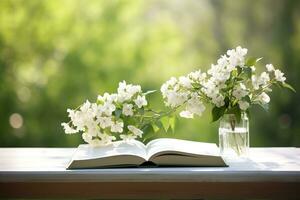 AI generated Jasmine flowers in a vase and open book on the table, green natural background. AI Generated photo