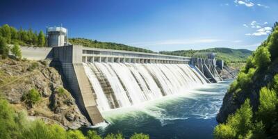 ai generado hidroeléctrico represa generando verde energía desde fluido agua. ai generado. foto