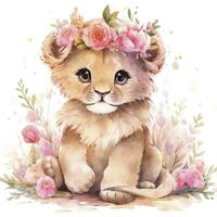 AI generated Watercolor Baby Lion. AI Generated photo