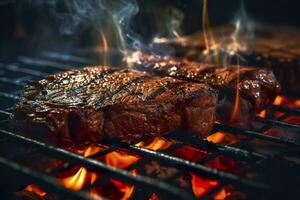 ai generado carne interrogatorio intenso en un carbón parrilla con fumar creciente. ai generado foto