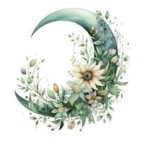 AI generated Watercolor floral Moon with greenery on a white background. AI Generated photo