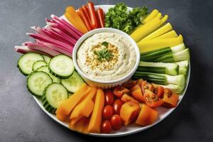 AI generated Crop shot of plate with colorful healthy sliced vegetables. AI Generated photo