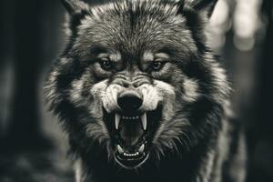 AI generated Greyscale closeup shot of an angry wolf with a blurred background. AI Generated photo