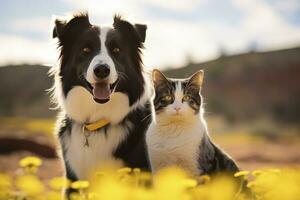 AI generated Cat and dog together with happy expressions. AI Generated photo