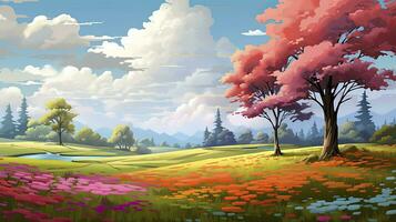 AI generated Spring season with colorful flowers and trees in a pretty meadow or field. AI Generated. photo