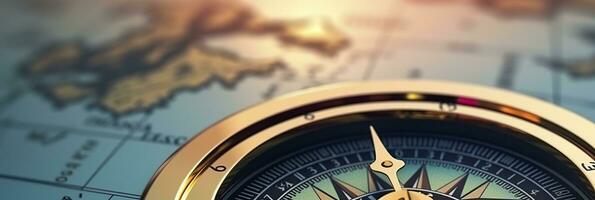 AI generated Magnetic compass and location marking with a pin on routes on world map. AI Generated photo