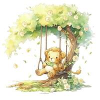 AI generated Cute and happy baby lion on swings on the tree in watercolor style. AI Generated photo