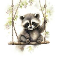 AI generated Cute baby raccoon in watercolour style, sitting on swings attached to the tree. AI Generated photo