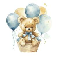 ai generado un acuarela bebé osito de peluche oso es sentado en el cesta con azul y oro globos ai generado foto