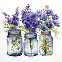 AI generated Collection of watercolor mason jars with purple flowers clipart. AI Generated photo