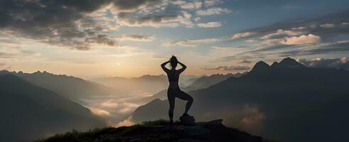 AI generated silhouette of a woman practicing yoga in the summit with mountain Background. AI Generated photo