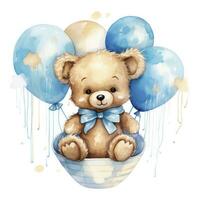 AI generated A watercolor baby teddy bear is sitting in the basket with blue and gold balloons. AI Generated photo