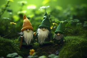 AI generated Toy Irish gnomes in a mystery forest, abstract green natural background. Generative AI photo