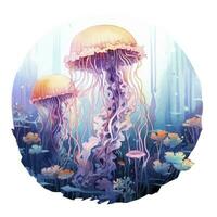 AI generated Jellyfish in an underwater landscape in a circle. AI Generated photo