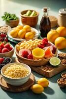 AI generated A beautifully set table with a variety of delicious food and fresh fruit photo