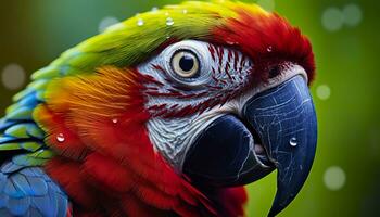 ai generado tropical guacamayo encaramado, vibrante plumas en enfocar. generativo ai foto