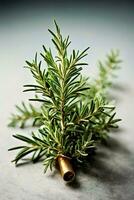 AI generated A sprig of rosemary with a golden bell attached photo