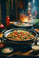 ai generado un rústico al aire libre comida experiencia con un mesa lleno con delicioso comida y un chicharrón fuego cerca foto